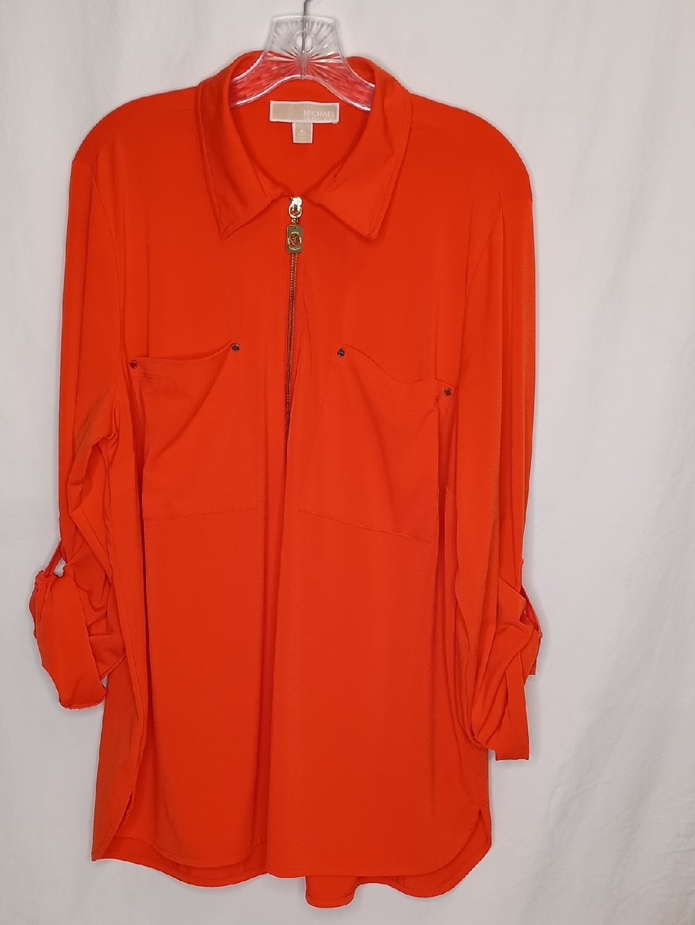 MICHAEL Michael Kors Women's Size XL Blouse roll-tab sleeves Gold Orange Summer - Picture 2 of 12